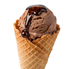 Chocolate ice cream in a waffle cone, with chocolate icing dripping, PNG, no background.