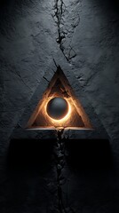 Triangle Portal with Glowing Orb Embedded in Cracked Dark Stone Wall, Geometric Abstraction