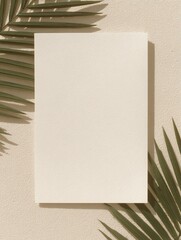 Top-down view of blank invitation card on textured surface with palm leaf shadows, photography for social media faceless digital content marketing
