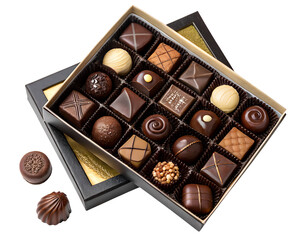 Assorted luxury truffles and pralines in gift box, soft shadows, top view, isolated on white..