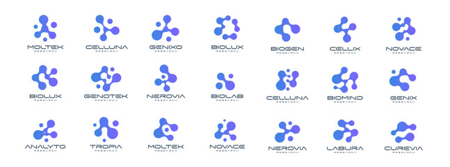 Science Logo Set Bio Nero Lab Emblem Molecule Icon, Cell Division Sign Connected Dot Style, Abstract Molecular Structure for Medical Pharmaceutical and Chemistry Chemical Science Vector Logotype