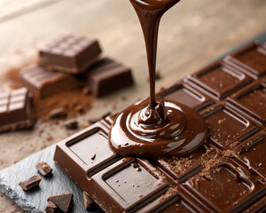 Hot melted chocolate dripping onto the bar, close-up macro, soft focus, rich texture.