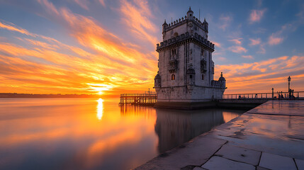 Illustration of the famous Belem Tower in Lisbon, Portugal. Illustration of popular places in the world.