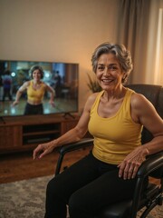 Obraz premium Woman in yellow tank top sitting in chair watching exercise program on television in living room smiling