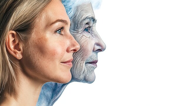 Generational contrast between young and old woman, capturing transformation, legacy, and the evolution of appearance over time.