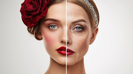 A young Caucasian woman with a red flower in her hair and bold makeup is shown alongside an older version of herself, highlighting the evolution of beauty and fashion trends.