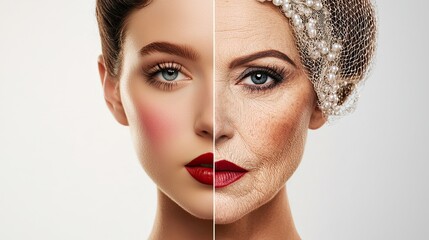A young Caucasian woman with dark hair and red lipstick on one side, and an older Caucasian woman with gray hair and wrinkles on the other, showcasing beauty trends across generations.