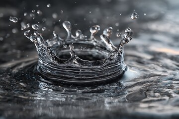 Water Drop Impact CrownShaped Splash with Droplets and Ripples in a Dark Environment