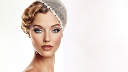 A glamorous young Caucasian woman with wavy blonde hair and striking makeup, showcasing flapper style and Hollywood glamour. Side profile highlights fashion evolution.