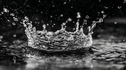 Water Drop Impact Monochrome CloseUp of Splash, Creating a Crownlike Form, with Droplets