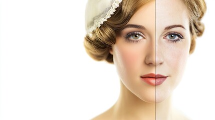 A young Caucasian woman with vintage flapper style on one side and modern Hollywood glamour on the other. The image showcases contrasting beauty trends across generations.