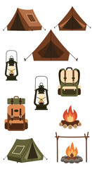  Camping Equipment Vector Set with Tents and Campfires