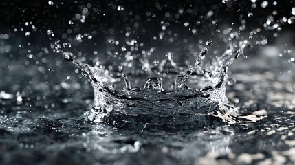 Water Droplet Impact Crown Splash, Ripples, and Blurred Bubbles in Macro Photography Style