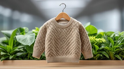 Child's beige knit sweater on a hanger against green plants background