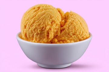 Captivating scoop of orange sorbet in a modern bowl contrasts delightfully against a soft pink backdrop creating a visually enticing dessert composition captured with clarity