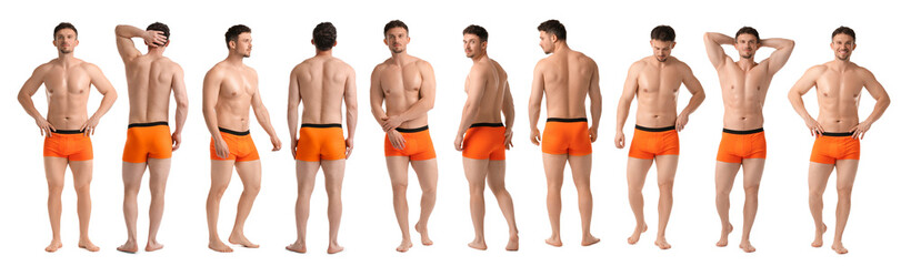 Handsome man in orange underwear on white background, collage. View from different sides