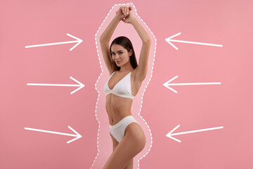Beautiful woman showing her slim body as result of healthy lifestyle on pink background. Outline of previous overweight figure around