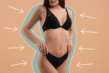 Slim woman showing her perfect body on pale brown background, closeup. Outline of previous...