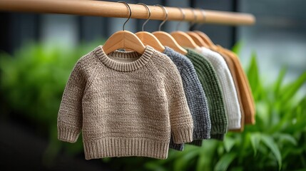 Baby sweaters on hangers against a green foliage background, soft focus