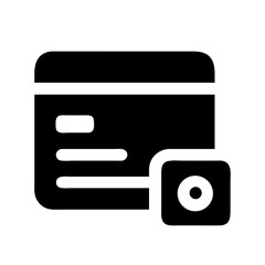 Black icon of a debit card with a circular authentication mark, representing secure payments, card protection, and financial transactions.
