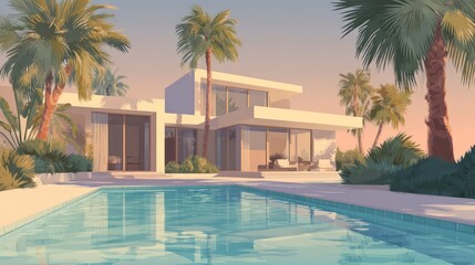 Tropical modern house by the pool at sunset