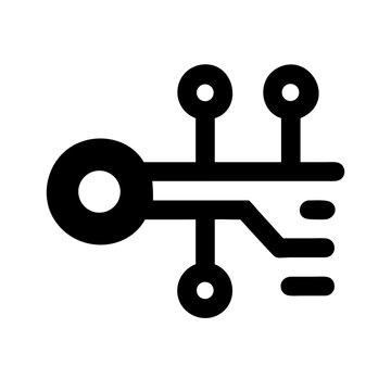 Black icon of a digital key with circuit lines, symbolizing cybersecurity, encryption, secure access, and digital authentication systems.
