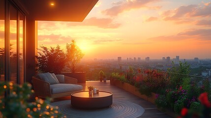 Rooftop terrace at sunset with city view