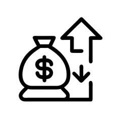 Obraz premium Black outline icon of a money bag with up and down arrows, symbolizing fluctuating interest rates, financial growth, or loan rate changes. 