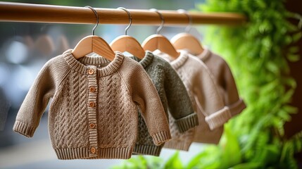Baby sweaters hang on a wooden rod, blurred background with green foliage