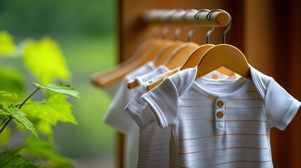 Baby clothing hangs on a rack, bright greenery behind blurred window