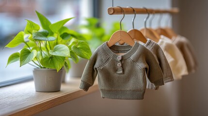 Baby clothes on hangers by a window with a potted plant in soft light