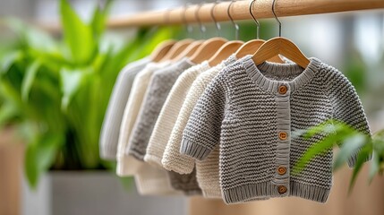 Row of neutral-toned baby sweaters hung on a wooden rod, soft-focus plants