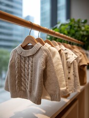 Child's clothes hanging on a wooden rack in front of a window
