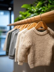Clothes on wooden hangers, neutral colors, plant backdrop, indoor scene