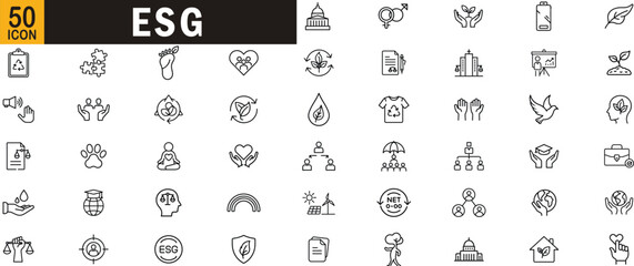 ESG editable outline icon set. Sustainability, environment, social responsibility, governance, equity, energy, recycling.

