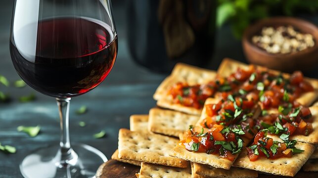 Spicy bruschetta crackers and glass of red wine