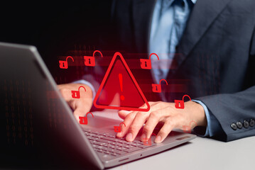 System hacked alert after cyberattack, Cybersecurity, Internet cyber crime, Hacker working on...