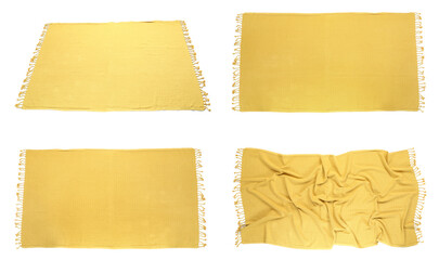 Yellow beach towel on white background, collage