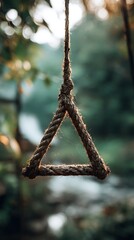 Worn Triangle Rope Swing Hanging in Serene Forest with Soft Bokeh Background