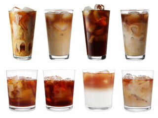 Different cold coffee drinks isolated on white, set