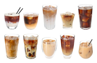 Different cold coffee drinks isolated on white, set