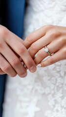 Close-up of bride and groom's hands exchanging rings.