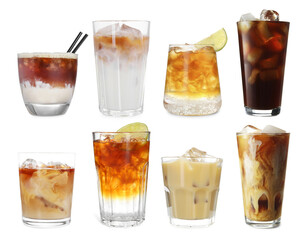 Different cold coffee drinks isolated on white, set
