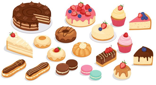 Assorted pastries and cakes vector illustration for bakery menu design in flat style