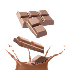 Chocolate pieces falling into splashing chocolate milk against white background