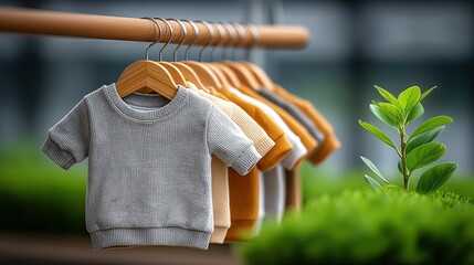 Line of small, colorful sweaters hanging on wooden hangers with greenery