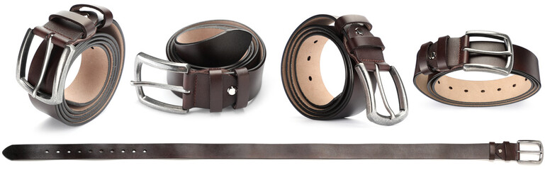Dark leather belt on white background, collage