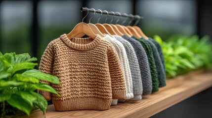 Knitted sweaters on wooden hangers displayed with lush green plants