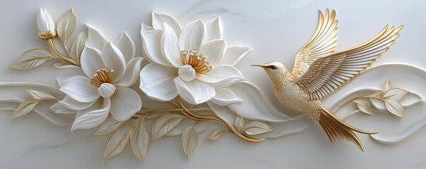 Embossed white flowers and a golden bird on a white marble background