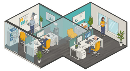 Contemporary office vector illustration: modern workspace design for posters and prints, isometric style